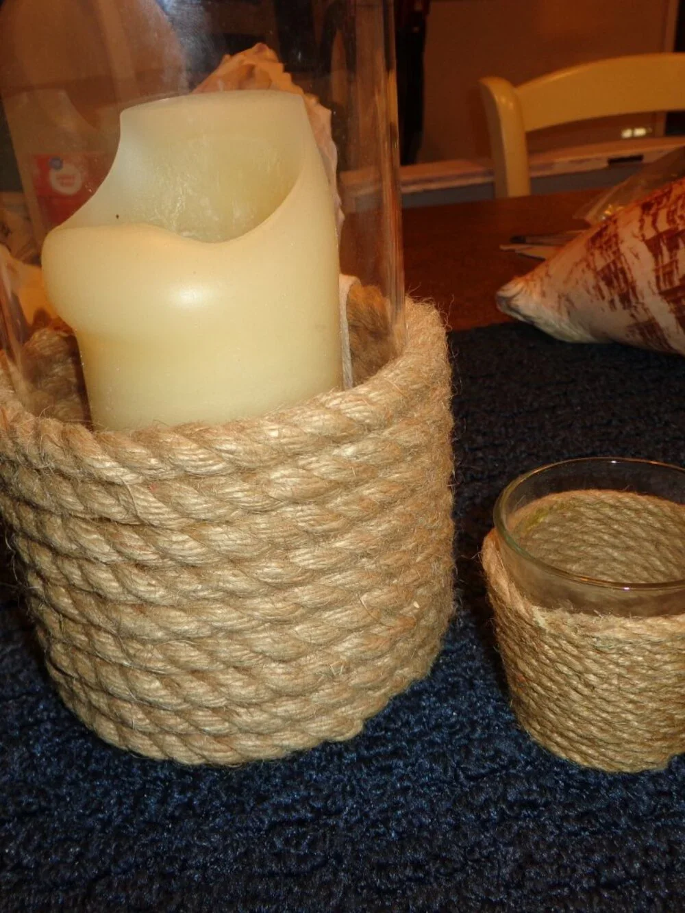 Lot of 2 Nautical Candle Holders Rope Glass Coastal Pillar & Tea Light Candle